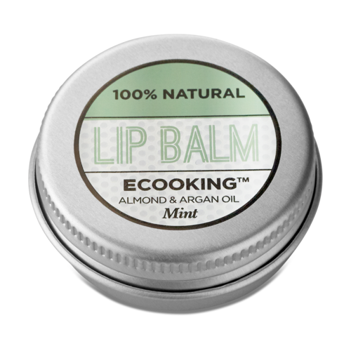 Liten rund burk med etikett som säger 100% naturlig, mintsmak, mandel- och arganolja, kallad Lip Balm.
