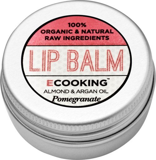 A white round container with a label stating it is organic, natural, and made from pomegranate, almond, and argan oil.