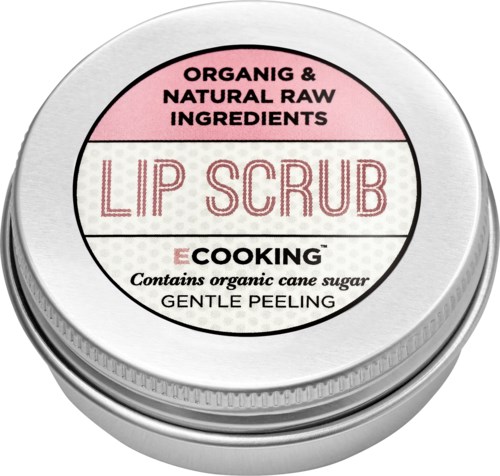A round container of lip scrub with natural ingredients, organic cane sugar, and gentle peeling. Pink and black text.