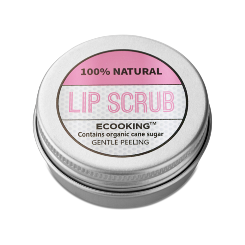 A small round container labeled 'Lip Scrub' with natural ingredients and gentle peeling promise.