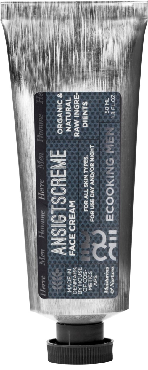 A tube of face and body cream labeled 'Ansigtscreme' with natural ingredients, black and white text, and a black cap.