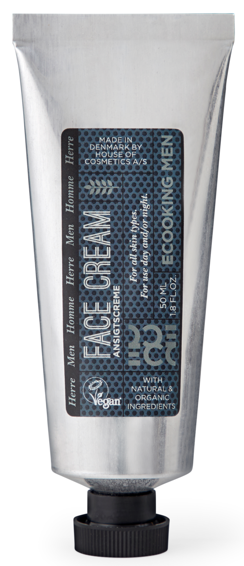 Metal tube with blue label, mentions face cream, eco-friendly, organic ingredients, suitable for men, vegan, made in Denmark.