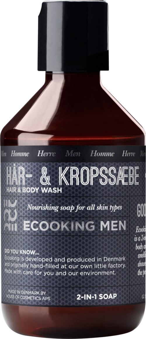 Eine braune Flasche Haar- und Körperwäsche namens 'EcoKing Men' mit schwarzem Deckel und Etikett mit Produktinformationen.