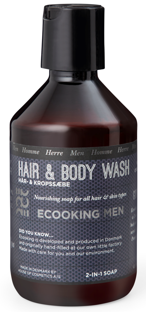 Eine dunkelbraune Flasche mit schwarzem Deckel, beschriftet als Haar- und Body Wash für Männer, enthält pflegende Seife.