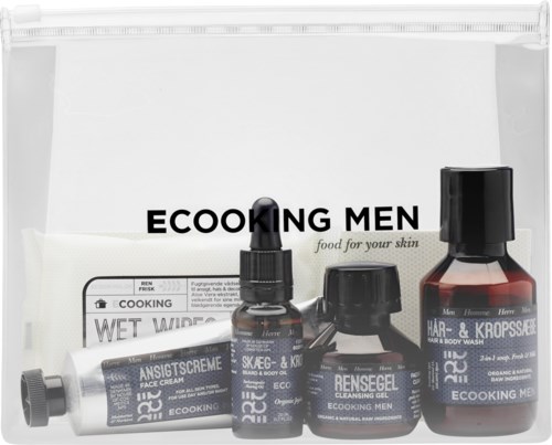 Set of men's grooming products, including face cream, serum, and shower gel, in a clear bag labeled 'EcoKing Men'.