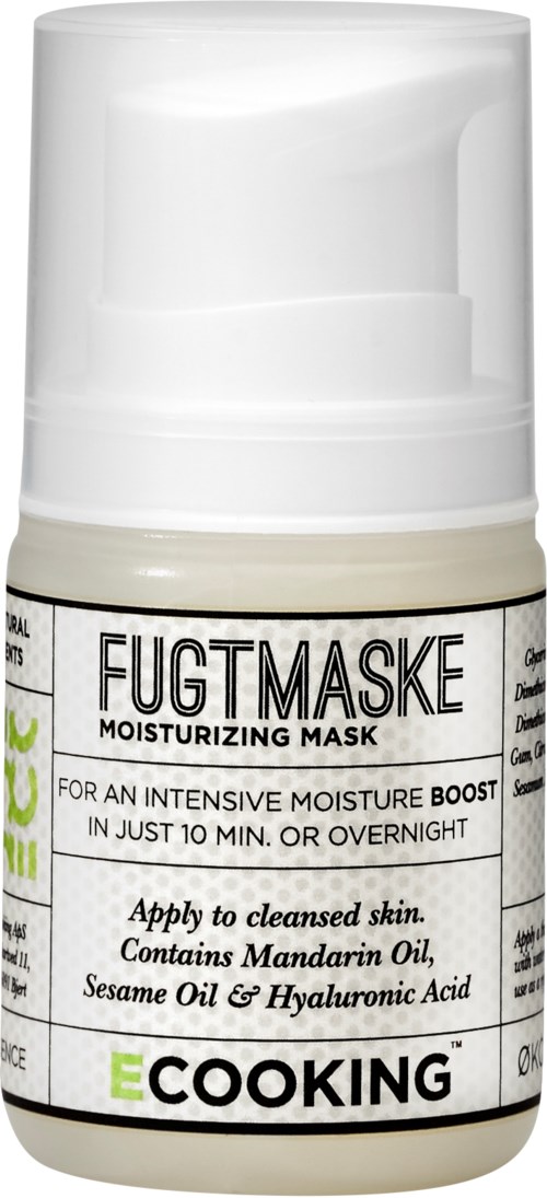 A small white bottle with a pump labeled 'FUGTMAKSE Moisturizing Mask' for skin hydration using natural ingredients.