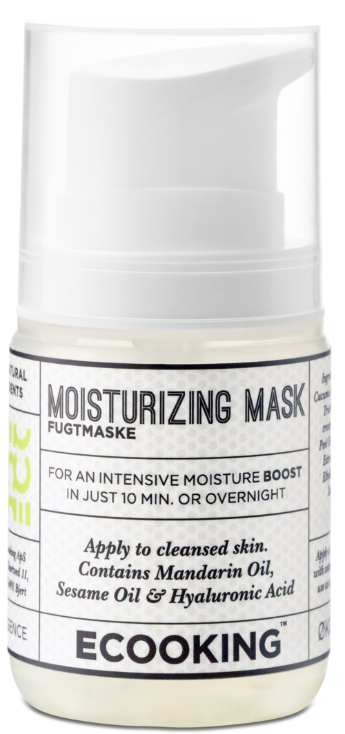 A white tube with a pump dispenser, labeled moist mask for skin hydration containing mandarin oil and hyaluronic acid.
