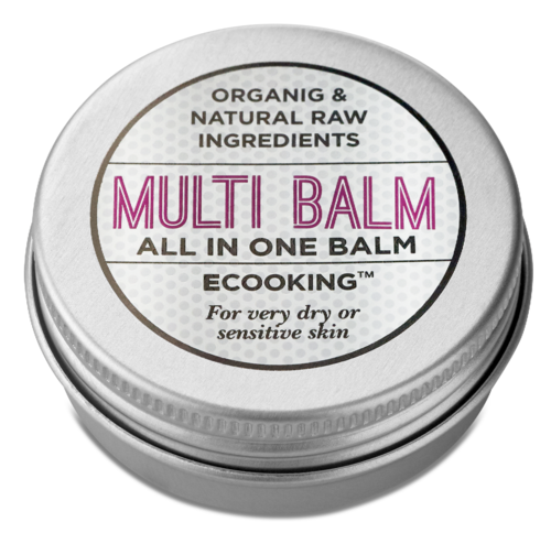 Ein runder Behälter mit der Aufschrift 'Multi Balm' und Text über biologische Inhaltsstoffe für trockene oder empfindliche Haut.