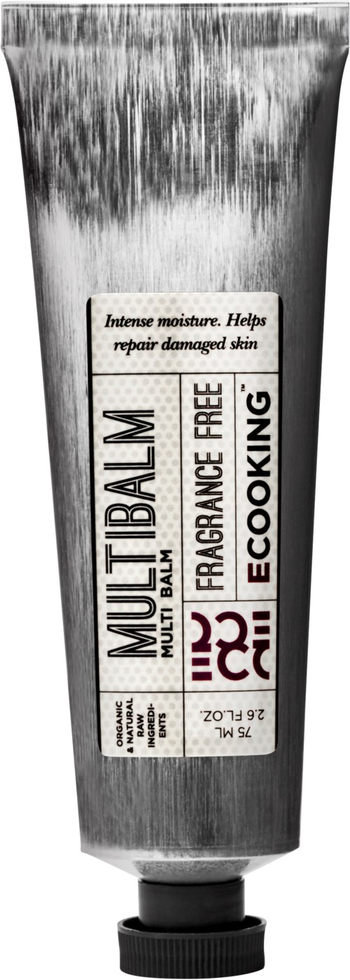 Schwarze und weiße Tube mit Etikett, enthält Hautbalsam zur Heilung, duftfrei, beim Kochen verwendet, Beschriftung 'Multi Balm'.