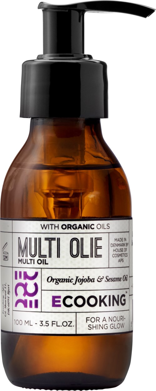 A brown bottle with a black pump containing organic multi oil for shining skin and hair.