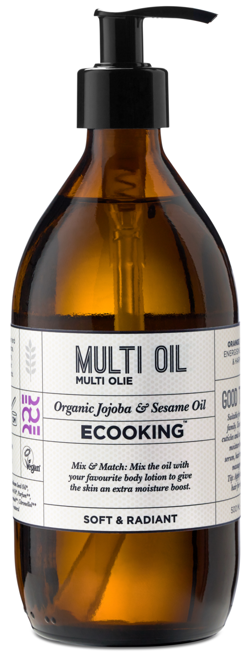 En brun flaska med svart pump, märkt "Multi Oil" med ekologiska ingredienser och användningsinstruktioner.