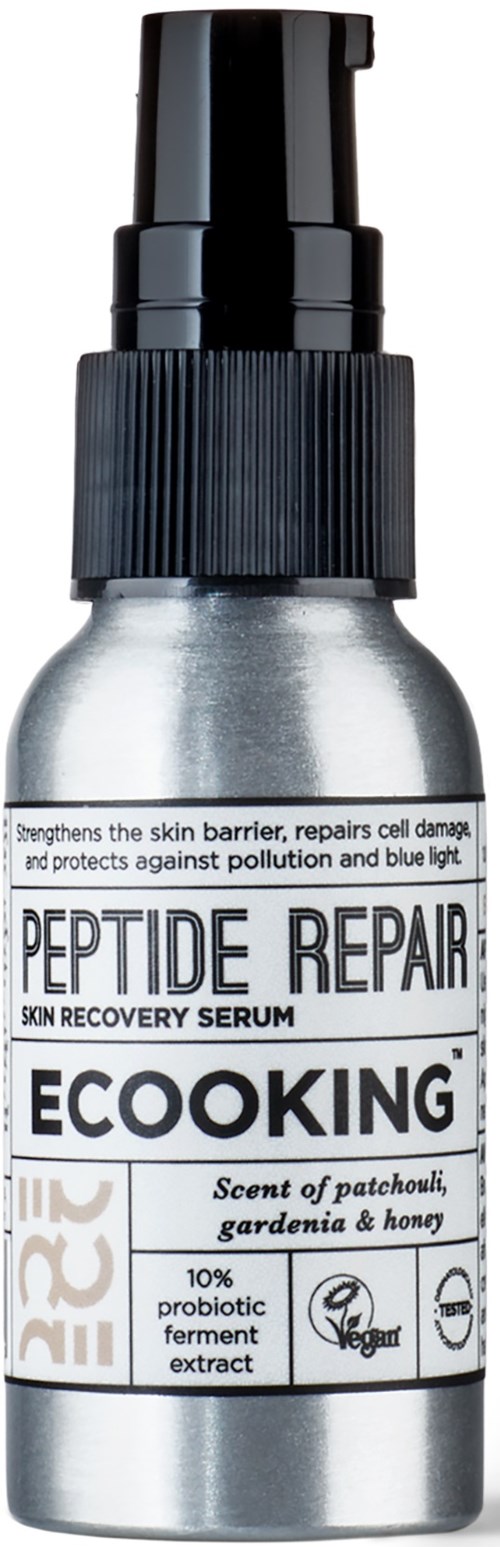 A small silver bottle with a black pump dispenser labeled Peptide Repair, Ecooking, for skin recovery and protection.