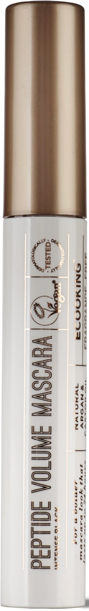 A white tube with a gold cap, labeled 'Peptide Volume Mascara' and 'LUXE' for eye makeup.