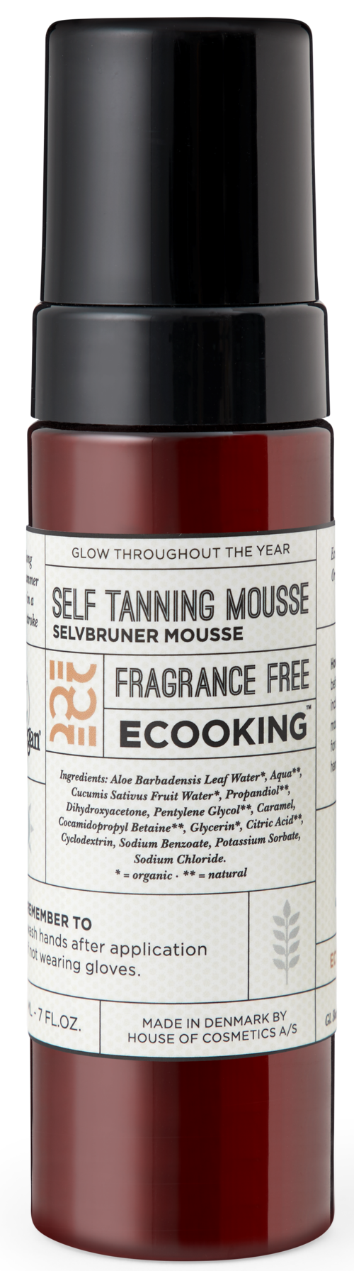 A bottle of self-tanning mousse that is fragrance-free and made in Denmark.