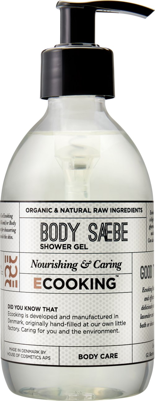 Eine transparente Duschgel-Flasche mit schwarzem Pumpverschluss, Etikett sagt 'Body Sale' mit Beschreibungen und Texten in mehreren Sprachen.
