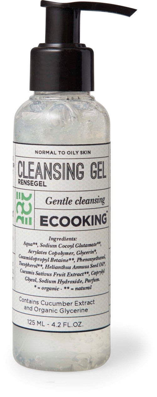 A transparent bottle with a pump, labeled as gentle cleansing gel for normal to oily skin and containing cucumber extract.