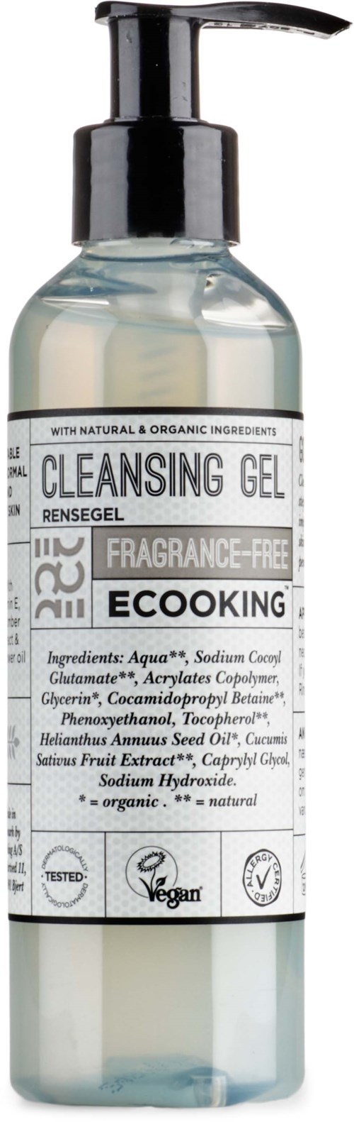 A clear bottle with a black pump contains cleansing gel, labeled as fragrance-free, vegan, natural, and containing organic ingredients.