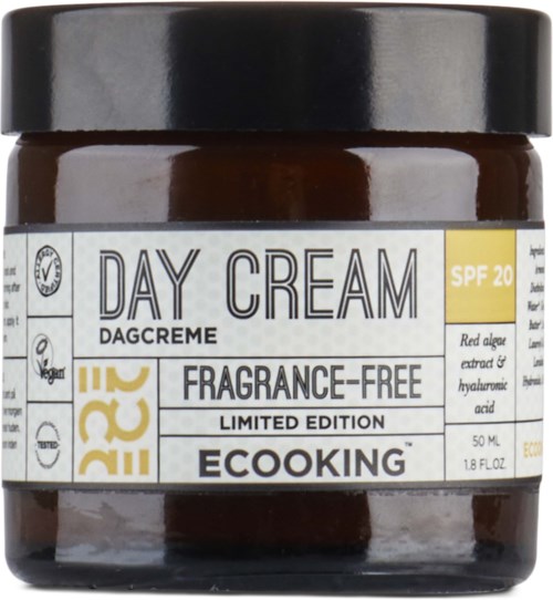A dark jar labeled 'Day Cream' with SPF 20, fragrance-free, and 'Ecoking' brand, 50 ml content.