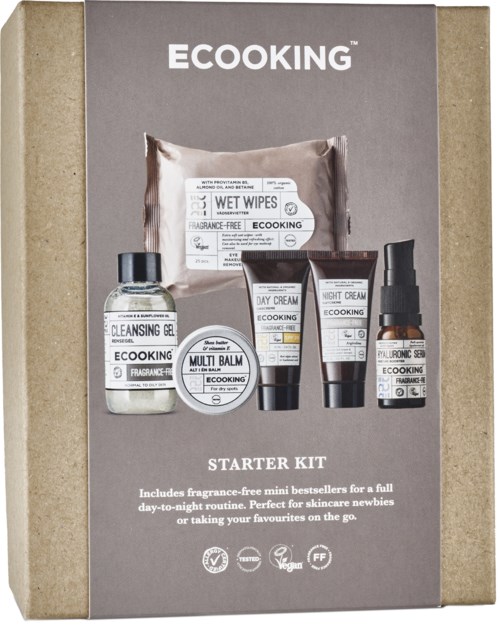 A skincare starter kit with five fragrance-free products for daily use, including gel, balm, creams, and wipes.