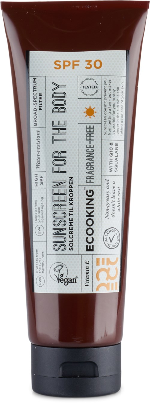 Braune Tube Sonnencreme mit SPF 30, als veganisch und umweltfreundlich gekennzeichnet, für Hautschutz.