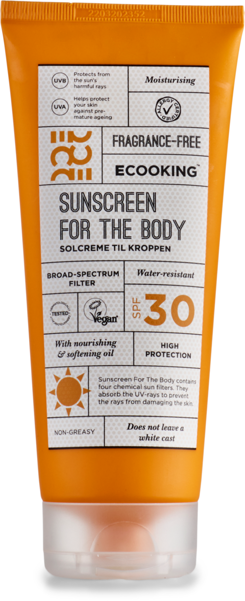 Orangene Sonnenschutzcreme für den Körper mit SPF 30, wasserfest, feuchtigkeitsspendend, parfumfrei, Breitbandfilter, vegan, nicht fettend, hoher Schutz.