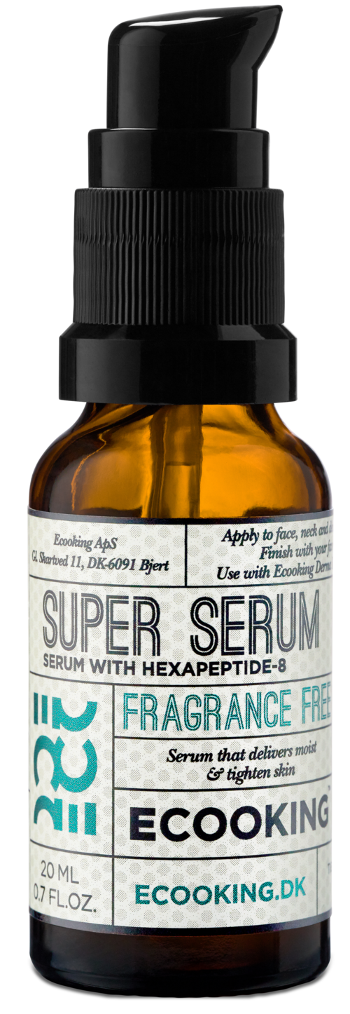 A small amber bottle with a black pump dispenser, labeled 'Super Serum' and 'Fragrance Free.'