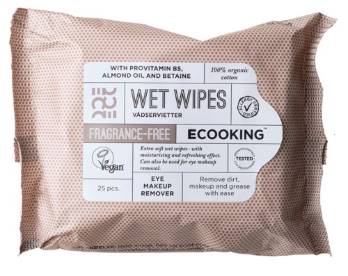 Pack of 25 fragrance-free Wet Wipes for eyes, vegan, with organic cotton, almond oil, and vitamin B5.