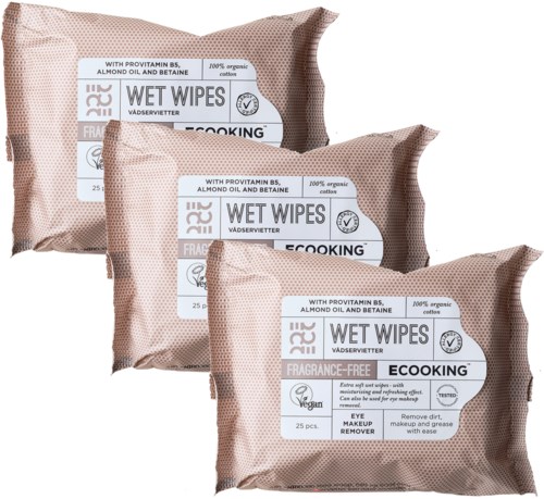 Three packs of fragrance-free wet wipes for eyes, with almond oil and BHT, suitable for makeup removal and skin cleaning.