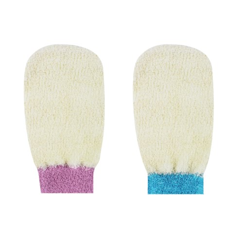 A pair of yellow cleaning mitts with different colored cuffs, pink on one and blue on the other.