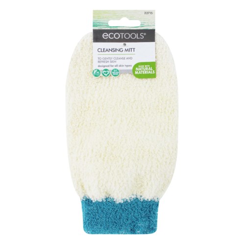 A cleaning mitt with a white fluffy top and blue bottom, designed for gentle skin cleansing using natural materials.