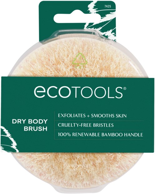 A round, beige dry body brush with soft bristles, eco-friendly packaging, and a bamboo handle for skin care.
