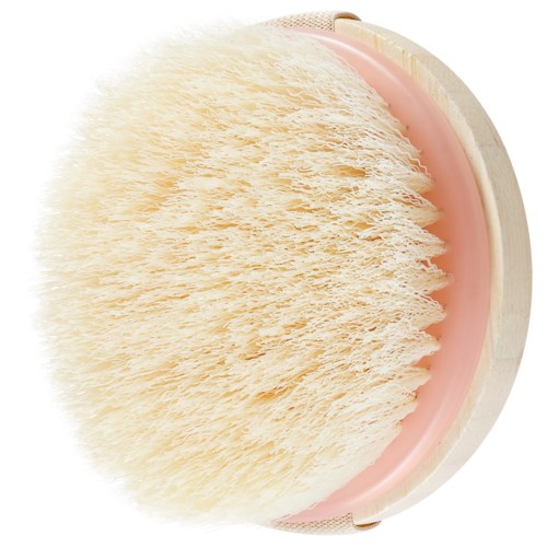A round brush with soft, white bristles and a pink rubber base.