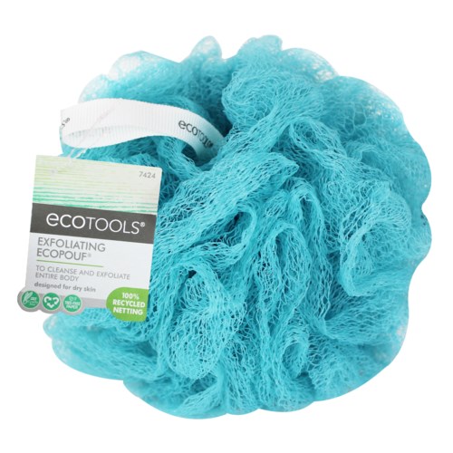 A blue exfoliating pouf with a label that says EcoTools, made for skin cleansing and exfoliating.