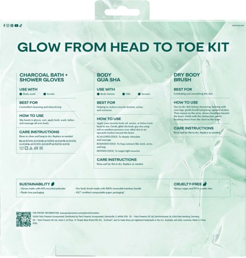 A package labeled 'Glow From Head to Toe Kit' with instructions for body care and images of gloves and a brush.