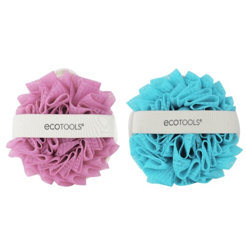 Two colorful cloth scrunchies, one pink and one blue, with white bands reading 'ecotools'.