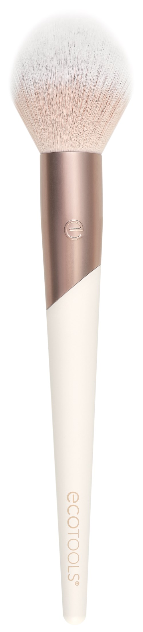 A makeup brush with pink and white colors, soft bristles, and a handle with gold and white parts.