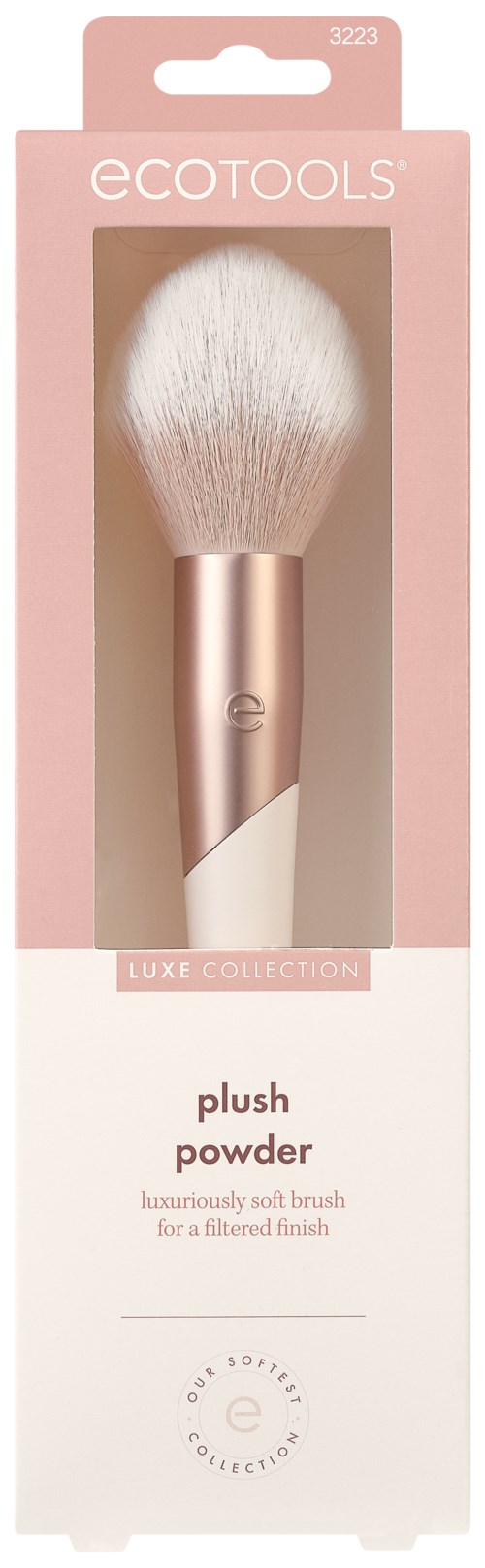 A soft makeup brush with a white fluffy top and a rose gold handle, in pink packaging. It is for powder makeup.