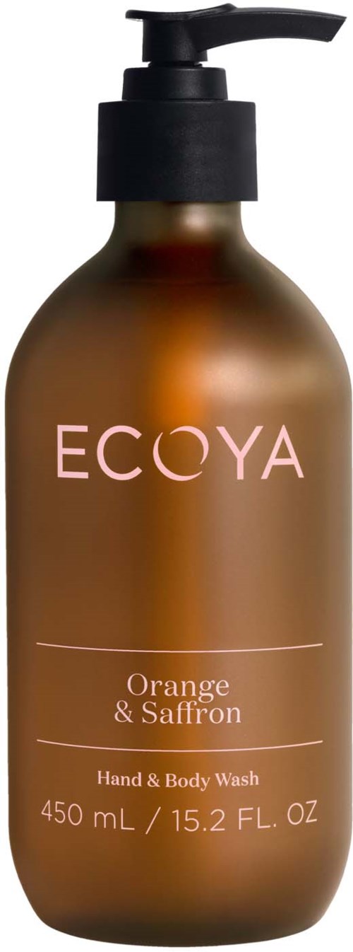 Een bruin flesje met een zwarte pomp met 'ECOYA', sinaasappel en saffraan geur, hand- en lichaamswas, 450 ml.