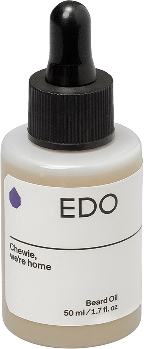 Kleine Flasche Bartöl mit "EDO"-Label, Tropferspitze und schlichter weißer Etikett.