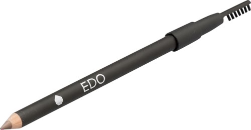 A black pen with a cap, labeled 'EDO,' has a wooden tip and a striped end.