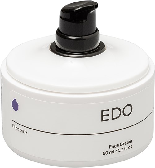 Ein weißer Behälter mit EDO Gesichtscreme mit schwarzem Pumpen und 50 ml Füllmenge, einfaches Design mit Text.
