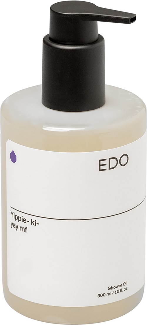 Eine weiße Flasche mit schwarzen Pump, gekennzeichnet 'EDO', enthält 300 ml Duschgel.