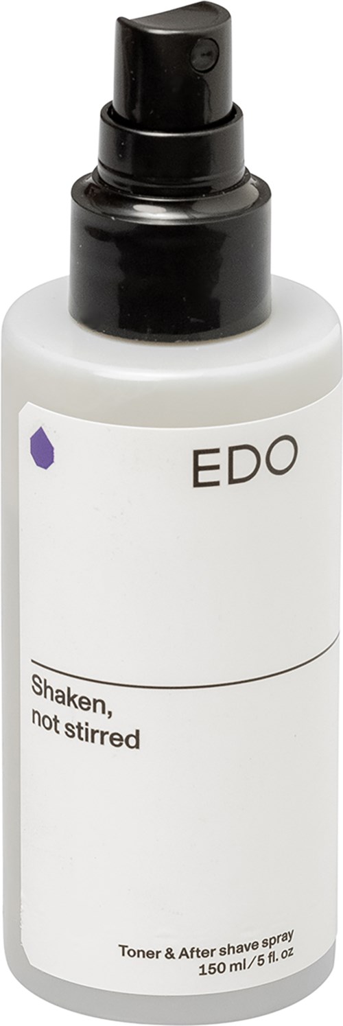 Eine weiße Sprühflasche mit schwarzem Deckel und Pumpe. Sie hat schlichten Text und ein kleines violettes Wassertropfensymbol.