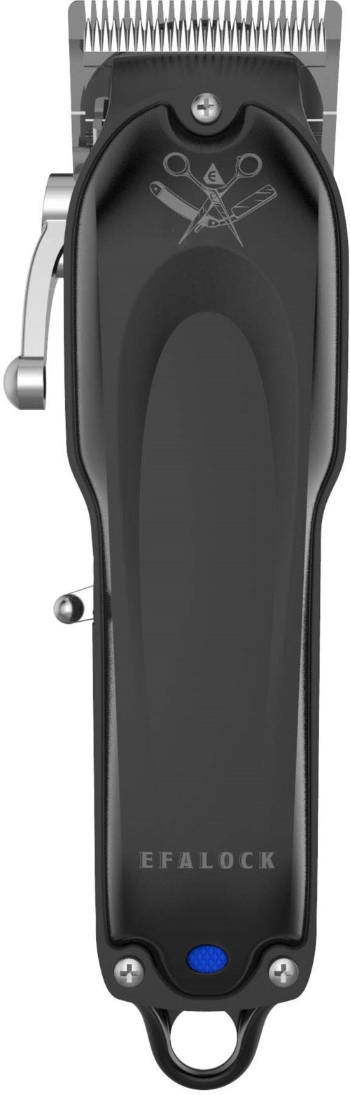 An electric hair trimmer with a black handle, metallic blades, and control icons at the top.