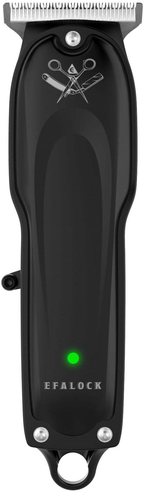Electric hair clipper with a black body, silver blades, a green indicator light, and branding Efalock.
