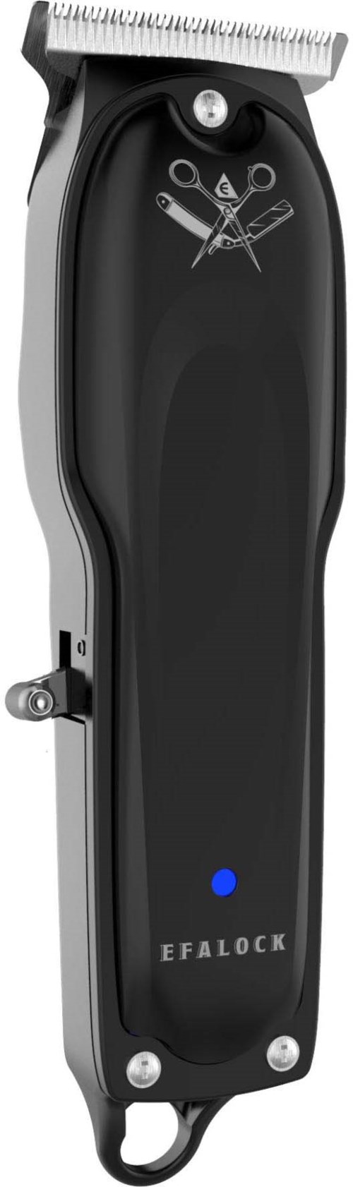 A black and silver electric hair clipper with scissors and comb icons on top, and a blue light at the bottom.