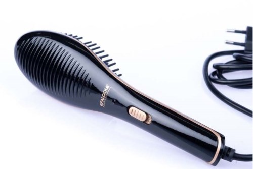 A black hairbrush with a power cord, designed for styling hair, has a switch and a rounded shape.