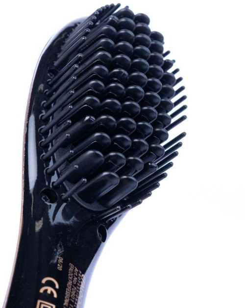 A black hairbrush with rounded and straight teeth, designed for detangling hair.