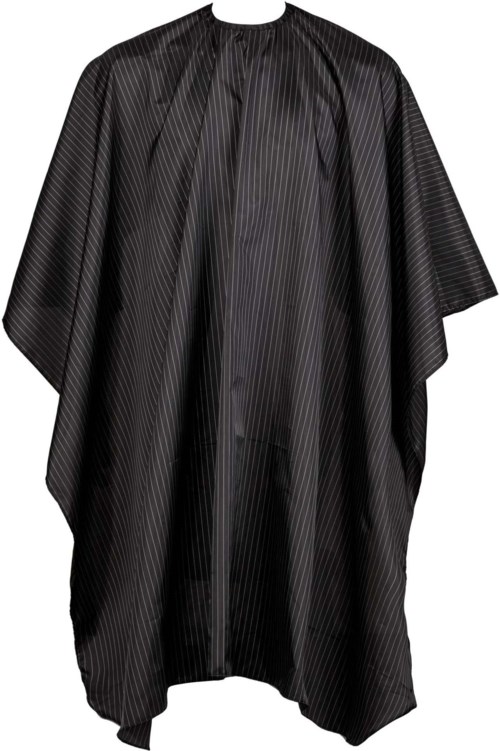 A black hairdresser's cape with thin white diagonal lines, made of lightweight fabric.