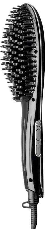 An electric hairbrush with black bristles and buttons on the handle for styling. It has a cord at the bottom.